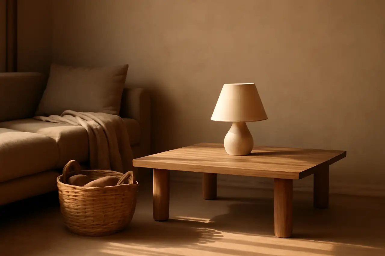 Woonkamerhoek met lage tafel, mand, lamp en plaid